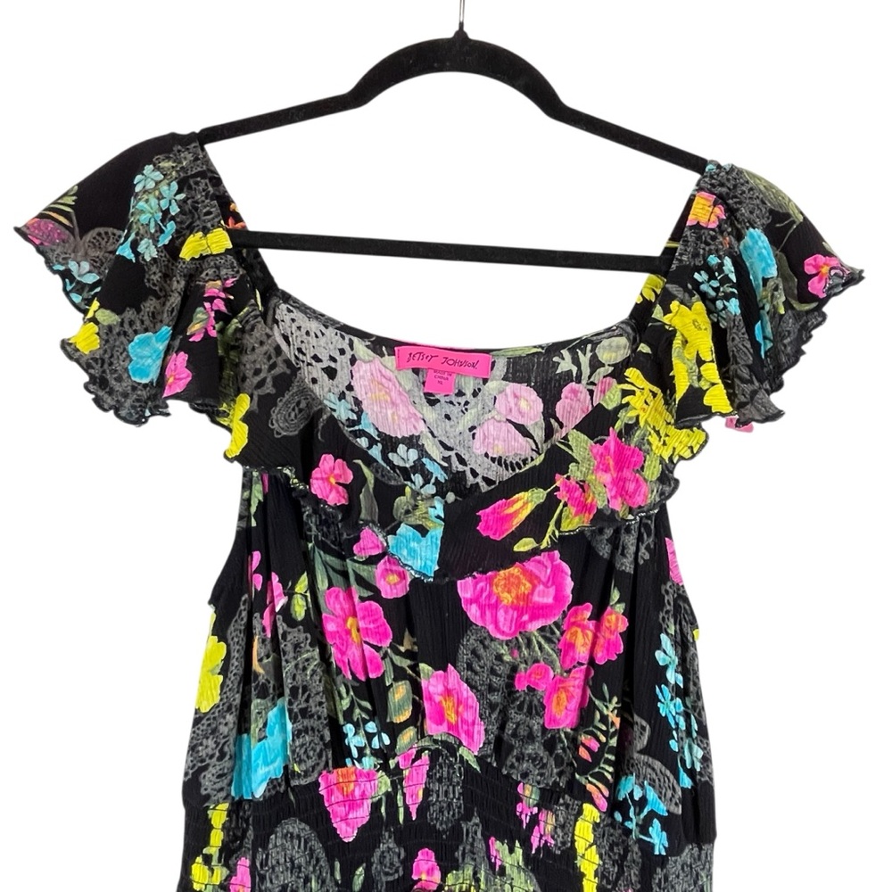 Betsey Johnson Black Floral Tiered Maxi Dress Crinkle Fabric Colorful Sz XL - Picture 4 of 12